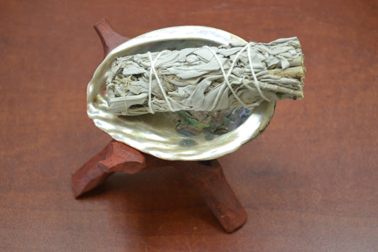 White Sage With Abalone Shell And Wood Stand Smudging Burning Kit