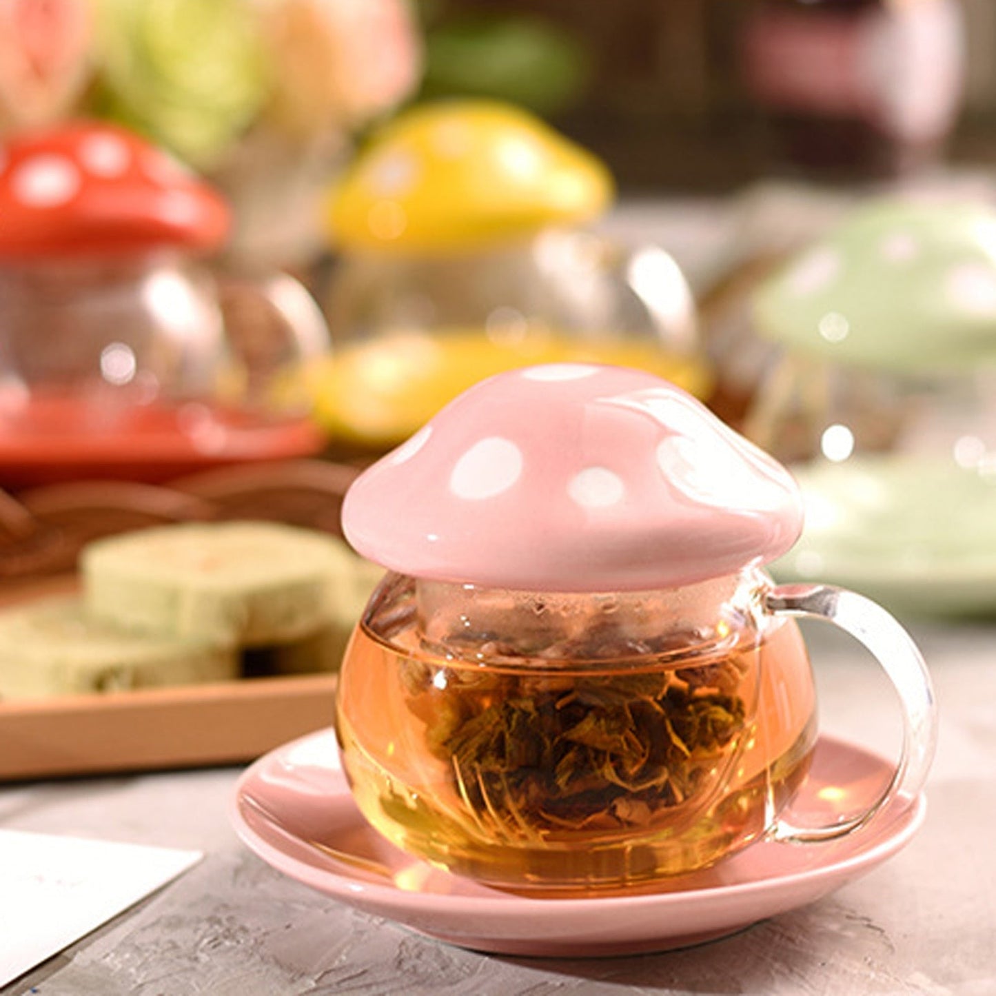 Glass Mushroom Tea Cups Set with Infuser - Tea Presser 10 OZ